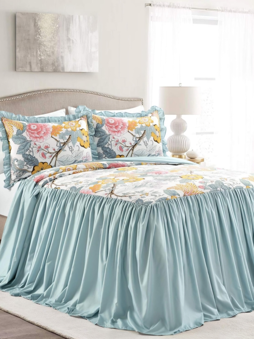 Lush Floral Ruffled Comforter,Curtain Set And Sheets